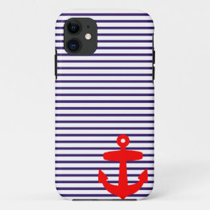 Red Anchor and Navy Blue Sailor Stripes iPhone 11 Case