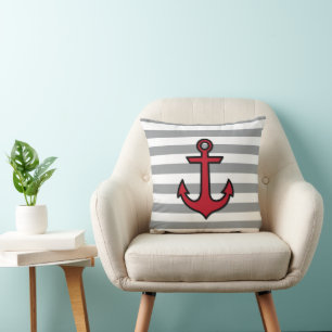 Red Anchor, Boat Anchor, Ship Anchor, Stripes Cushion
