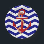 Red Anchor Nautical Chevron Stripes Paper Plate<br><div class="desc">This vibrant nautical design features a red anchor on a navy blue and white chevron stripe pattern. Matching paper napkins are available in this motif.</div>