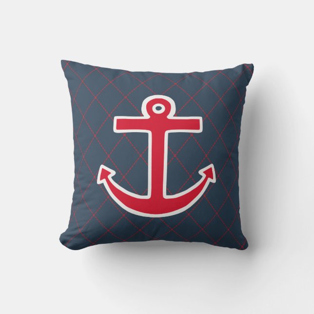Red Anchor Nautical Throw Pillow (Front)