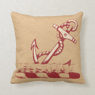 Red Anchor on a Nubby Tan Background Pillow