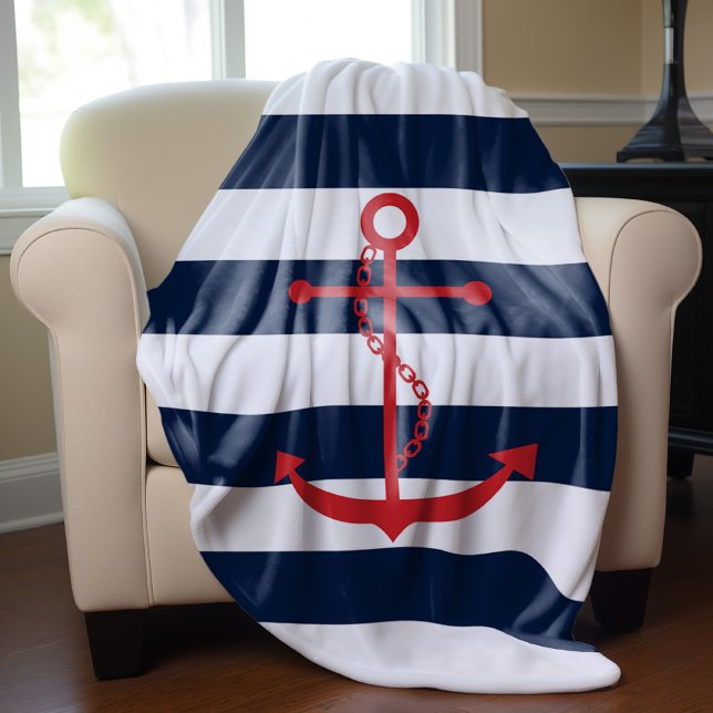 Red Anchor on Blue Stripes Fleece Blanket (Creator Uploaded)