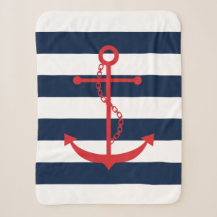 Red Anchor on Blue Stripes Sherpa Blanket