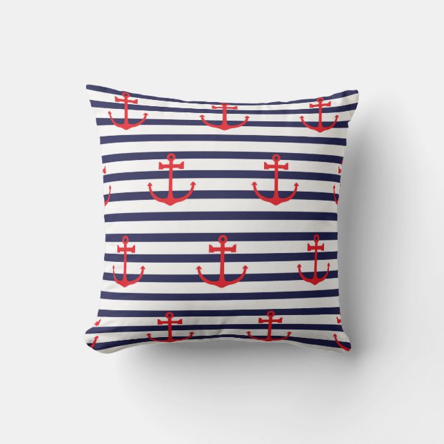 Red Anchor Pattern On Navy Blue Striped Background Cushion (Front)