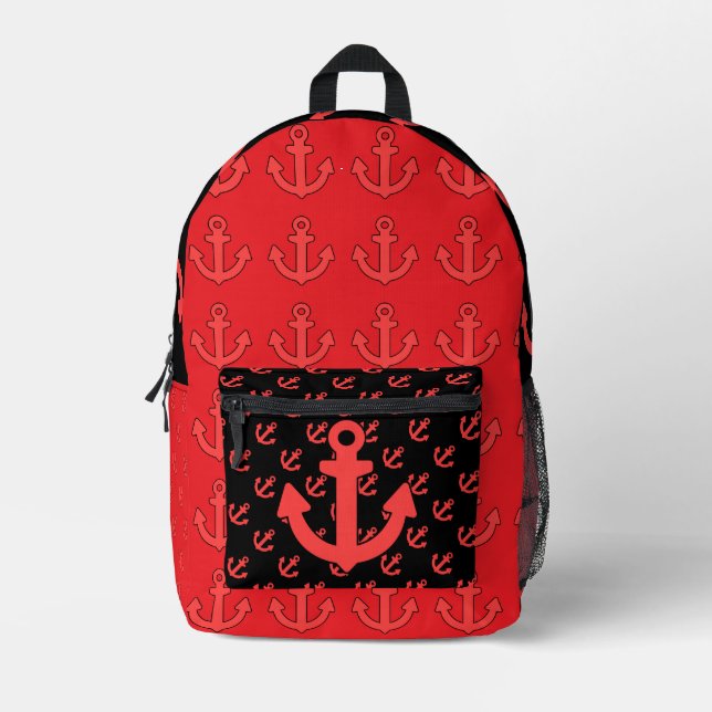 Red Anchor Repeat Red Black  Printed Backpack (Front)