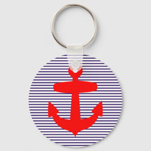 Red Anchor with Navy Blue Breton Stripes Key Ring