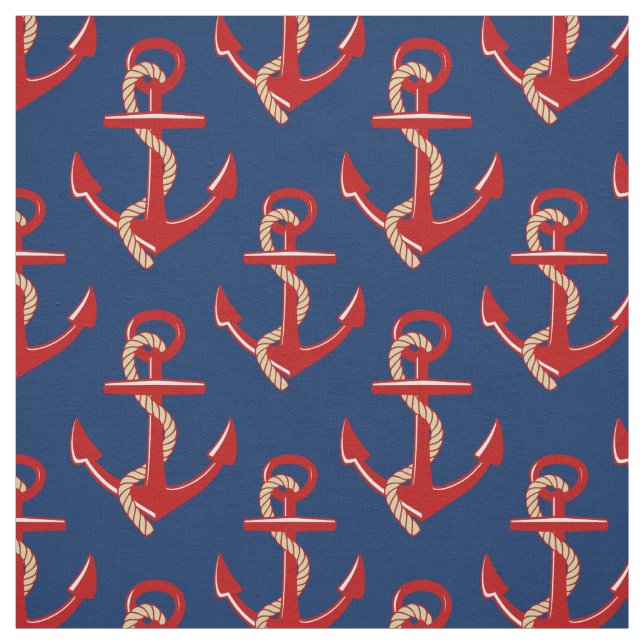 Red Anchors Nautical Pattern on Dark Blue Fabric (Swatch)