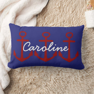 Red Anchors on Nautical Blue Personalised Lumbar Cushion
