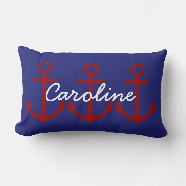 Red Anchors on Nautical Blue Personalised Lumbar Cushion (Front)