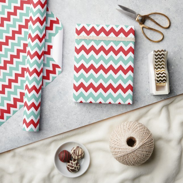 Red and Aqua Christmas Zigzag Chevron Stripes Wrapping Paper (Crafts)