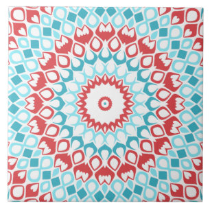 Red and Aqua Geometric Mandala Pattern Ceramic Tile