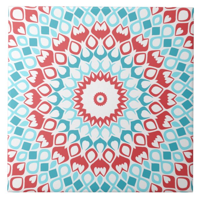Red and Aqua Geometric Mandala Pattern Ceramic Tile (Front)