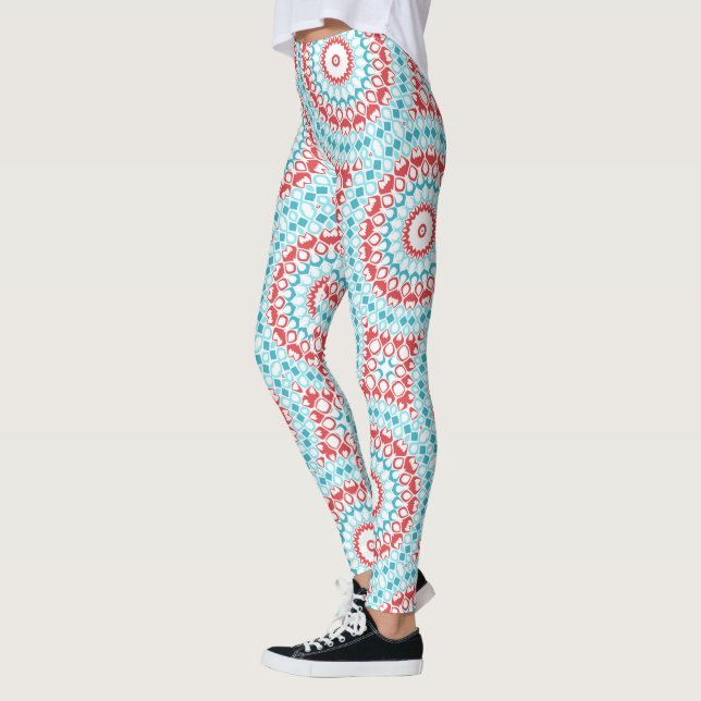 Red and Aqua Geometric Mandala Pattern Leggings (Left)