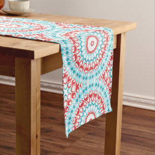 Red and Aqua Geometric Mandala Pattern Medium Table Runner
