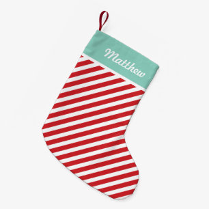 Red and Aqua Holiday Stripes Monogram Small Christmas Stocking