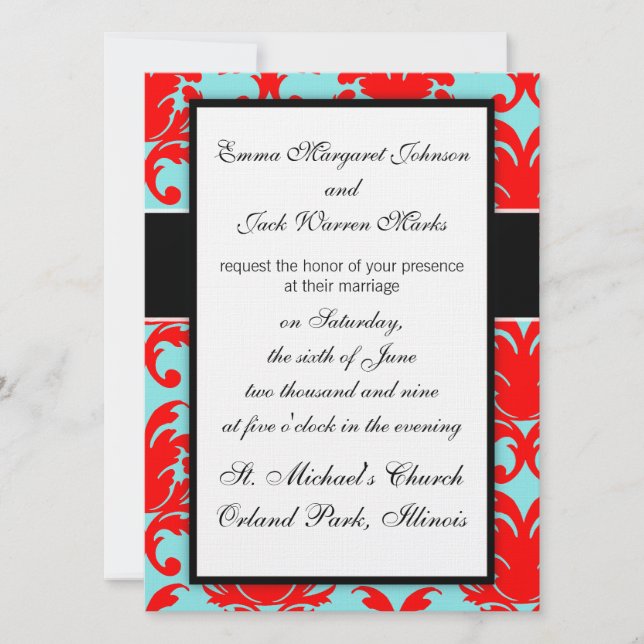 red and aqua lovely formal damask invitation (Front)
