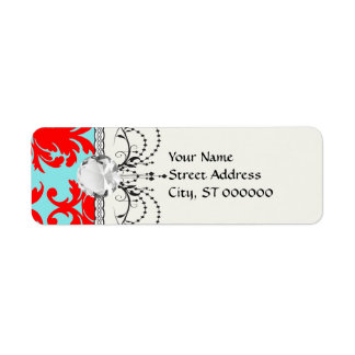 red and aqua lovely formal damask return address label
