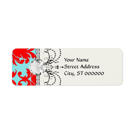 red and aqua lovely formal damask return address label