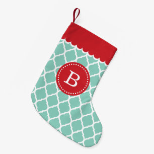 Red and Aqua Moroccan Quatrefoil Monogram Small Christmas Stocking