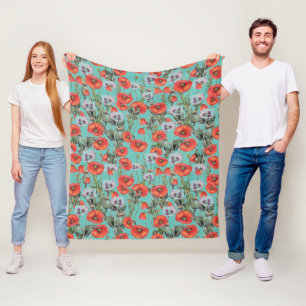 Red and Aqua Poppies Pattern  Fleece Blanket