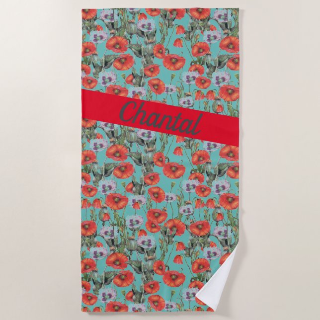 Red and Aqua Poppies Pattern Personalised Beach Towel (Front)