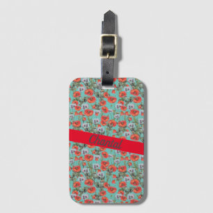 Red and Aqua Poppies Pattern Personalised Luggage Tag