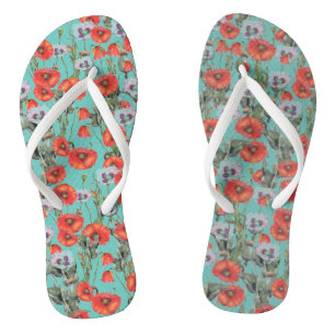 Red and Aqua Poppies Pattern   Thongs