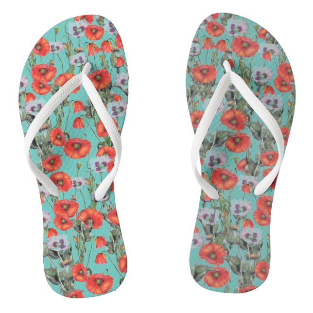 Red and Aqua Poppies Pattern   Thongs (Footbed)