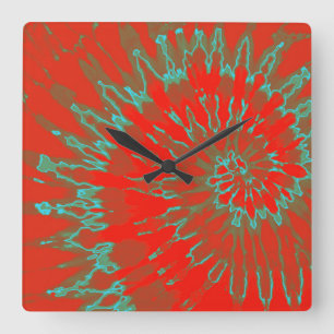 Red and Aqua Spiral Tie Dye Clock