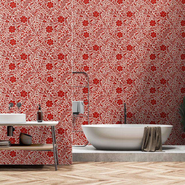 Red and Beige Bold Floral Pattern Wallpaper (Bathroom)