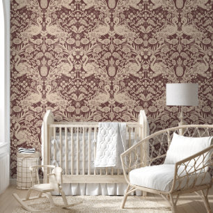 Red and Beige Flamingo Floral Damask Wallpaper