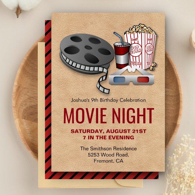 Red and Beige Movie Night Birthday Party Invite (Creator Uploaded)
