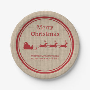 Red And Beige Santa Sleigh Christmas & Custom Text Paper Plate