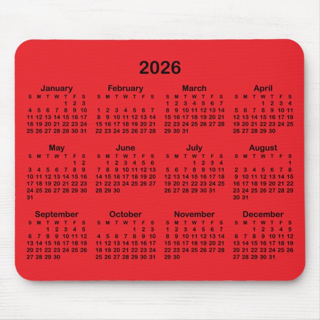 Red and Black 2026 Calendar Mouse Pad (Front)