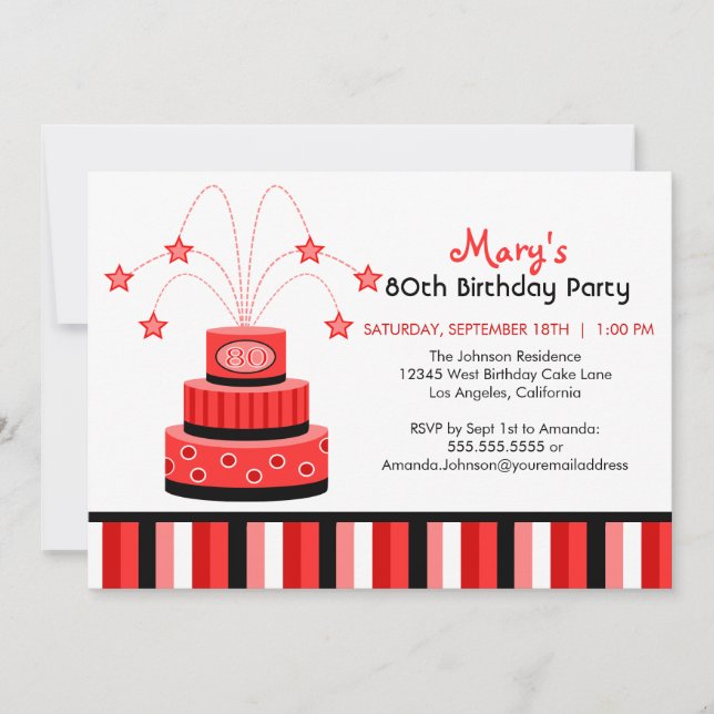 Red and Black 80th Birthday Cake Party Invitation (Front)