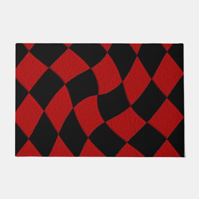 Red and Black Abstract Checked Doormat (Front)