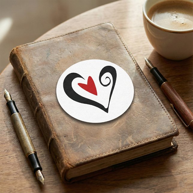Red and Black Abstract Heart Modern Romantic Classic Round Sticker (Creator Uploaded)