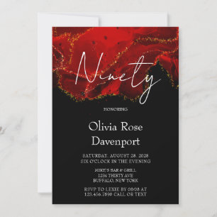 Red and Black Alcohol Ink 90th Birthday Party Invitation