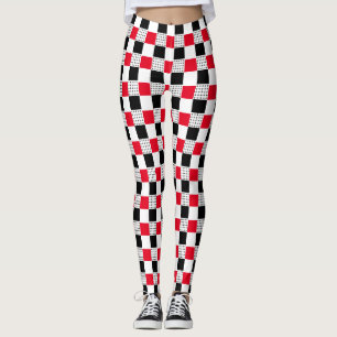 Red and black and white modern abstract checkered leggings