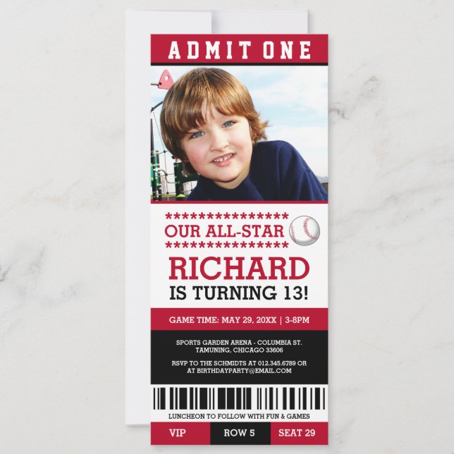 Red and Black Baseball Ticket Birthday Invites (Front)