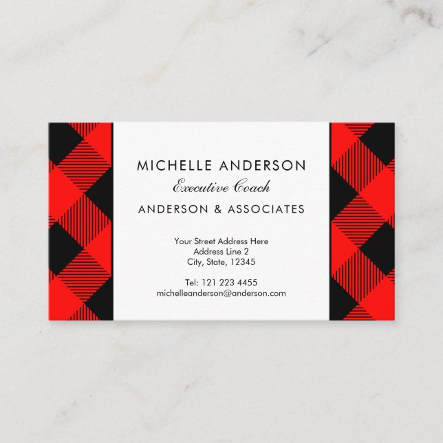 Red and Black buffalo Check Business Consultant Business Card (Front)