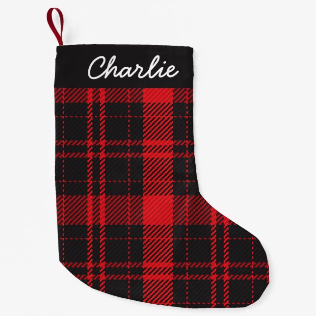 Red and Black Buffalo Check Custom Text Small Christmas Stocking (Front)