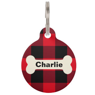 Red and Black Buffalo Check Dog Bone Monogram Pet Tag
