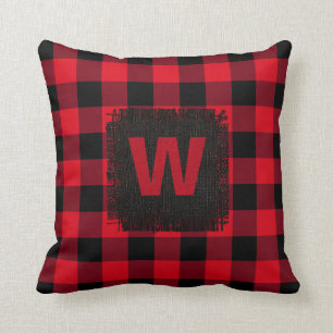 Red and Black Buffalo Check Monogram Cushion