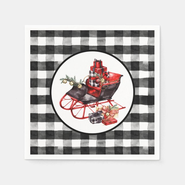 Red and Black Buffalo Check Sleigh and Packages Napkin (Front)