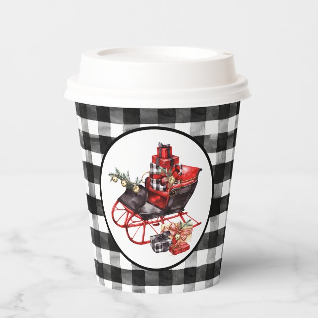Red and Black Buffalo Check Sleigh and Packages Paper Cups (Front)