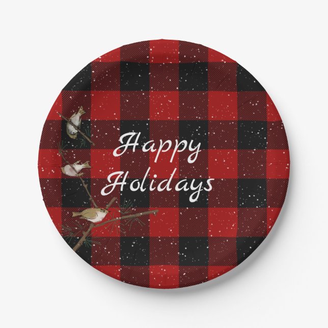 Red and black buffalo Happy Holidays in snow Paper Plate (Front)