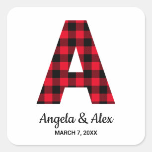 Red and Black Buffalo Plaid A Monogram Square Sticker
