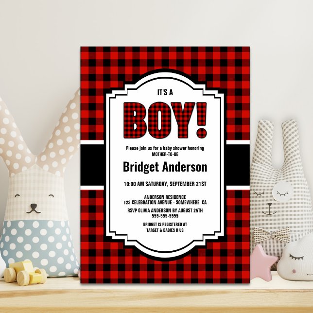 Red and Black Buffalo Plaid Baby Shower Invitation (Creator Uploaded)