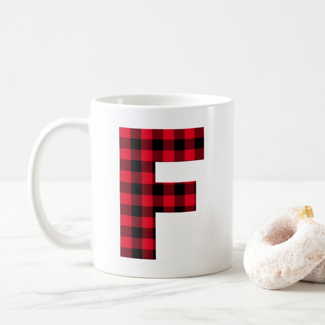 Red and Black Buffalo Plaid Bold Letter F Monogram Coffee Mug (With Donut)
